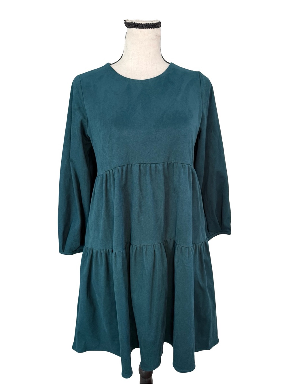 Zara Emerald Green Tiered Babydoll Mini Dress Pockets Long Sleeve Size S